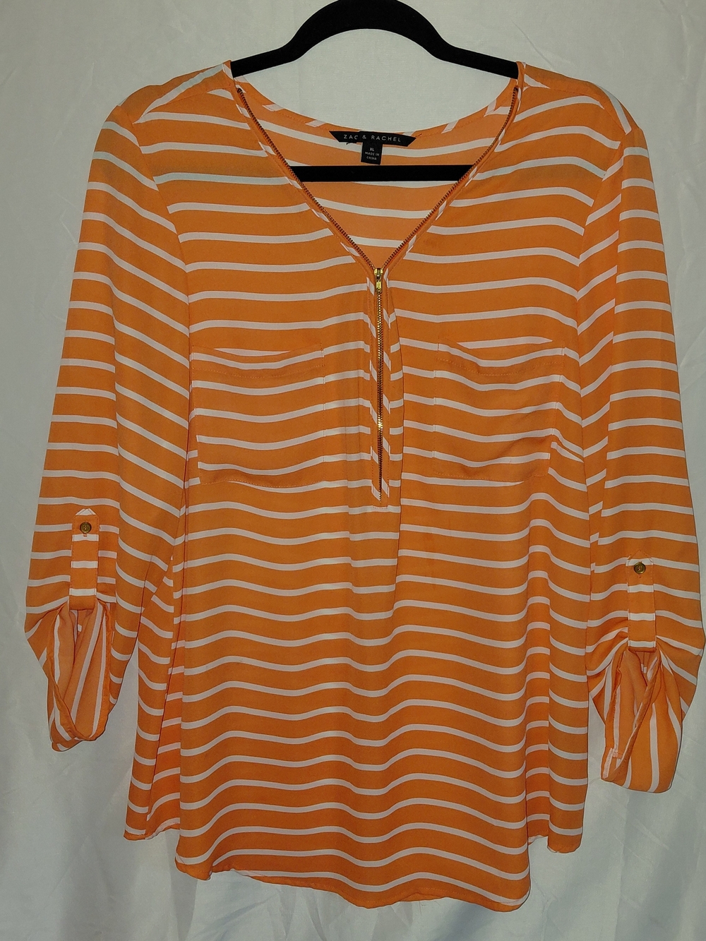 Zac & Rachel Orange and White Striped Zip V-Neck Tunic #2306